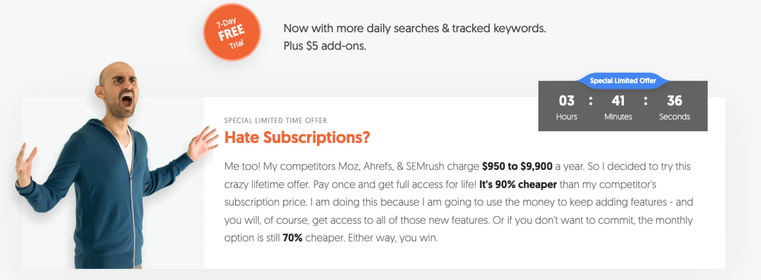 Special Deals are sometimes available on Ubersuggest, check out their pricing page for more info.