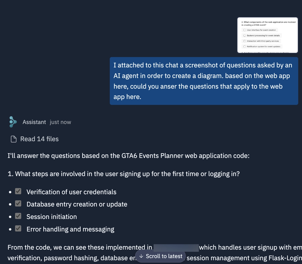 Replit AI Assistant responds to a user-uploaded screenshot by analyzing code and answering follow-up questions about user login flow in the app.