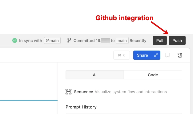 Eraser.io enables version control by allowing users to pull and push changes directly from the interface using GitHub integration.