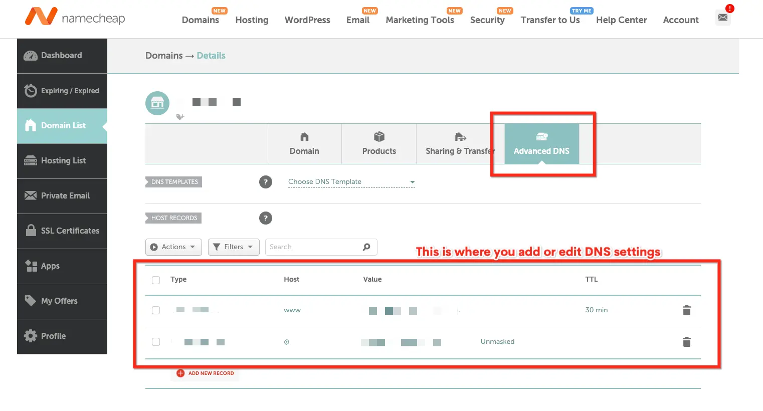 Example: Where to find DNS settings in Namecheap